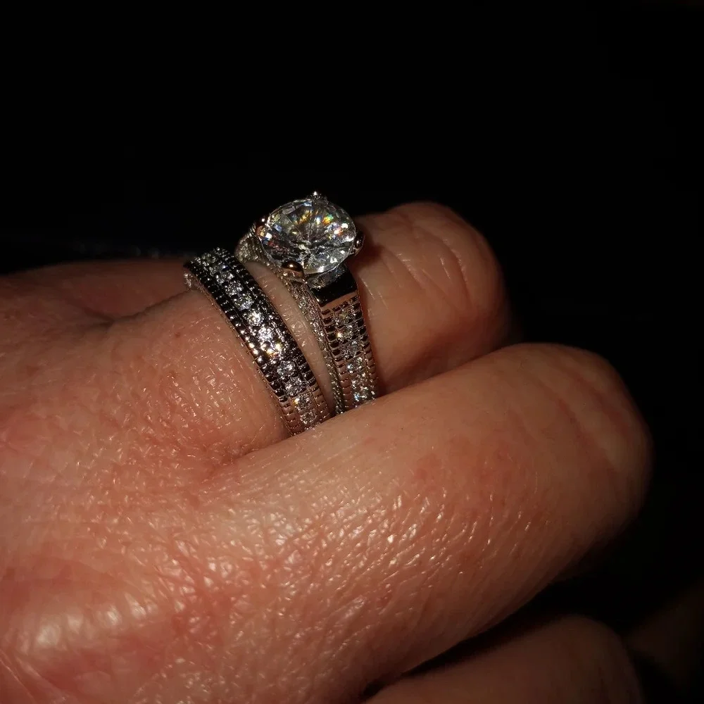 NEW Diamond‎ Simulant Engagement Band Ring Set